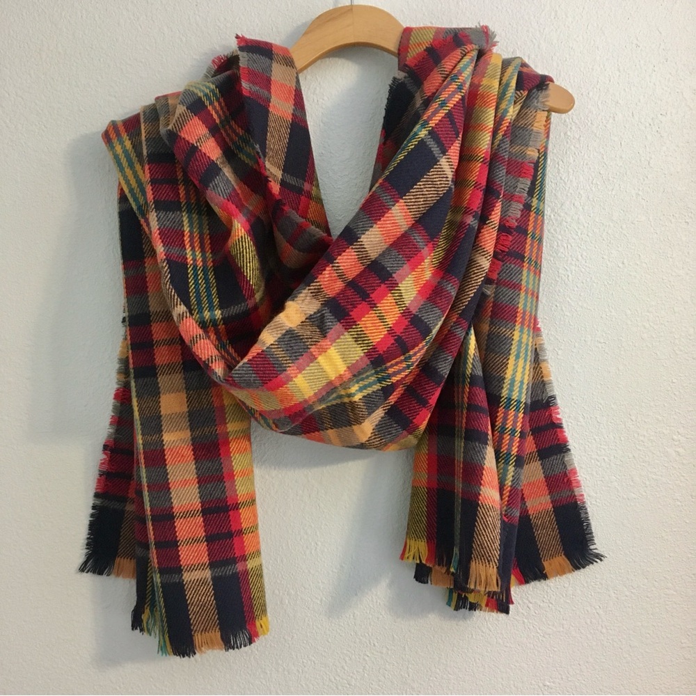 Women's Winter Scarf - Navy Blue/Yellow/Red Plaid